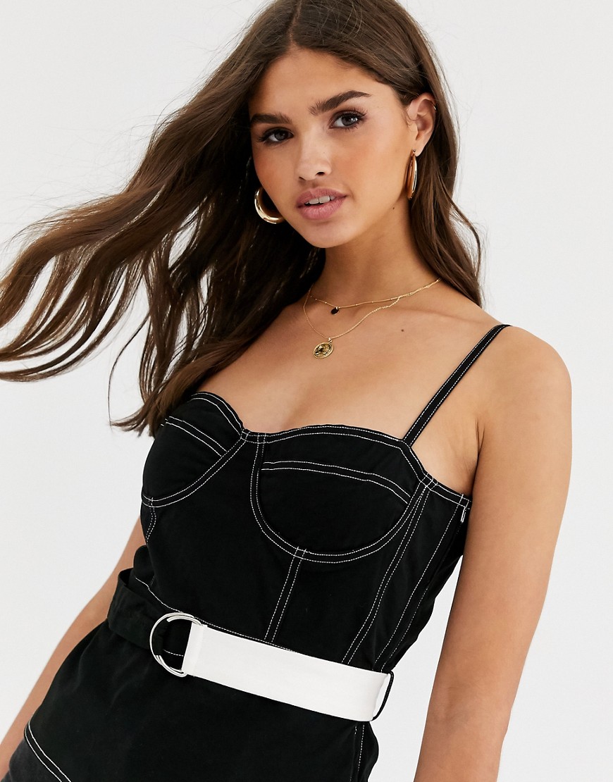 Lost Ink corset top with waist belt in contrast stitching-Black