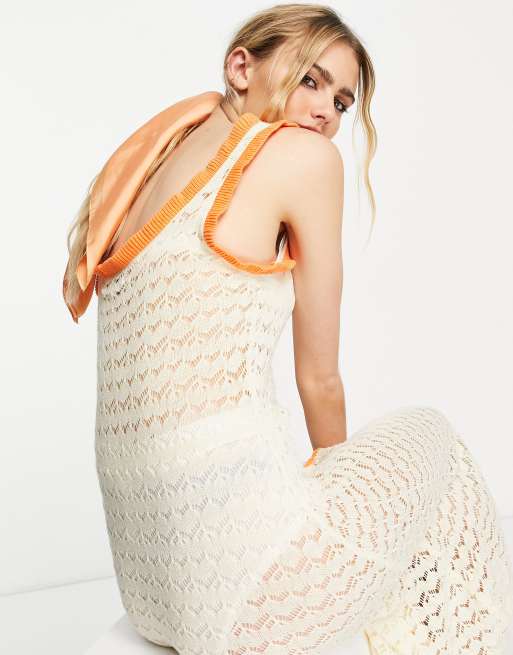 Lost Ink crochet button front midi dress in cream, 3 of 4
