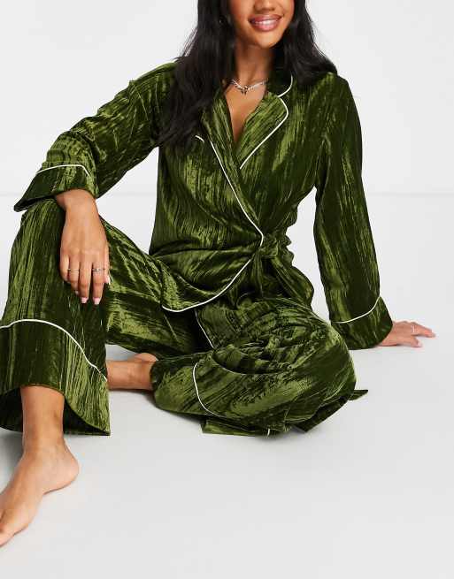 Blissful Slumber Olive Green Crushed Velvet Two-Piece Pajama Set