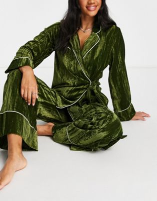 Lost Ink crushed velvet wrap front wide leg pyjama set in green
