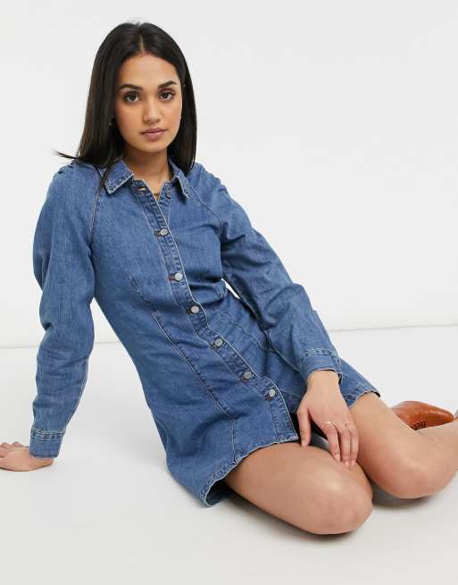 Lost Ink denim dress in vintage wash with gathered shoulders ASOS