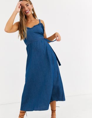 low back denim midi dress