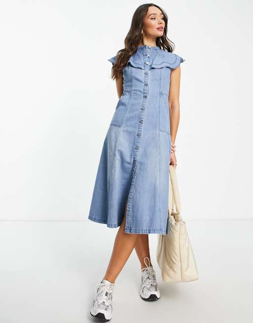 Lost Ink - Denim midi-overhemdjurk met kraag in middenblauw