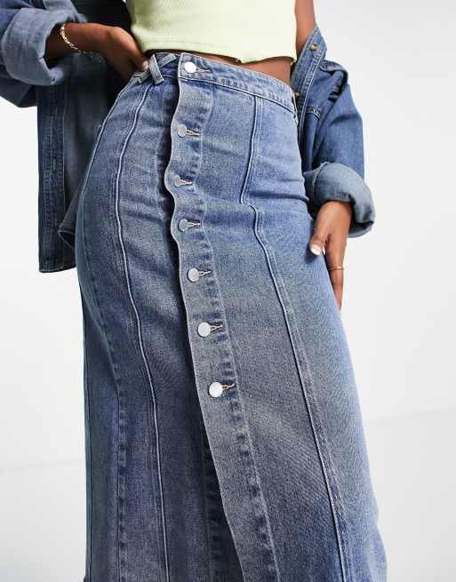 Lost Ink - Denim midi rok met knopen aan de zijkant in middenblauw, 2 van 4