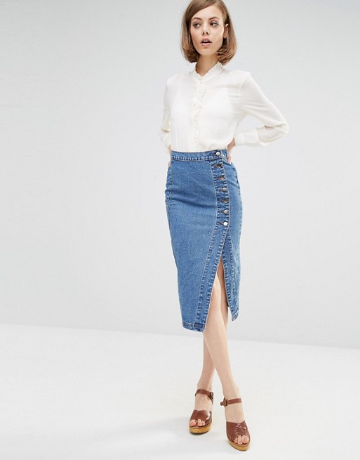 Lost Ink | Lost Ink Denim Pencil Skirt With Side Button Detail