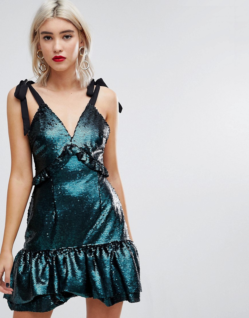 Lost Ink Dress With Ribbon Tie Sleeves And Ruffles In Sequin-blue
