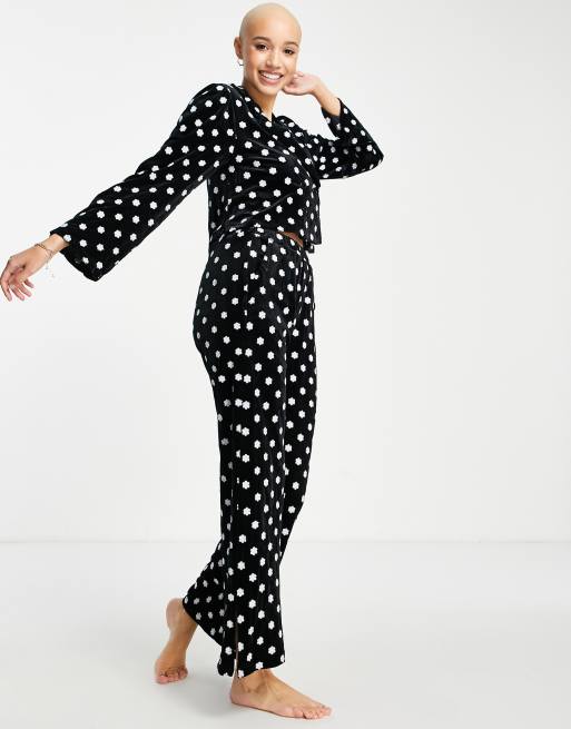 Lost Ink embroidered velvet pyjama set in polka dot print