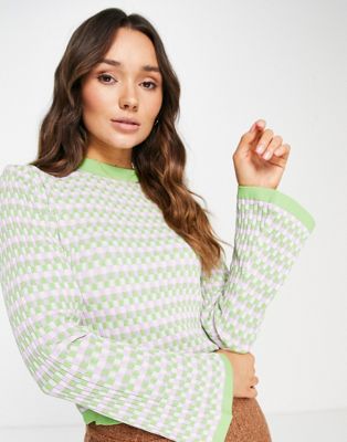 Lost Ink flared sleeve crew knit top in lilac and green