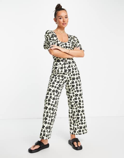 Lost Ink – Flerfärgad blommigt jumpsuit med puffärmar, midjedetalj och knytning vid halsen