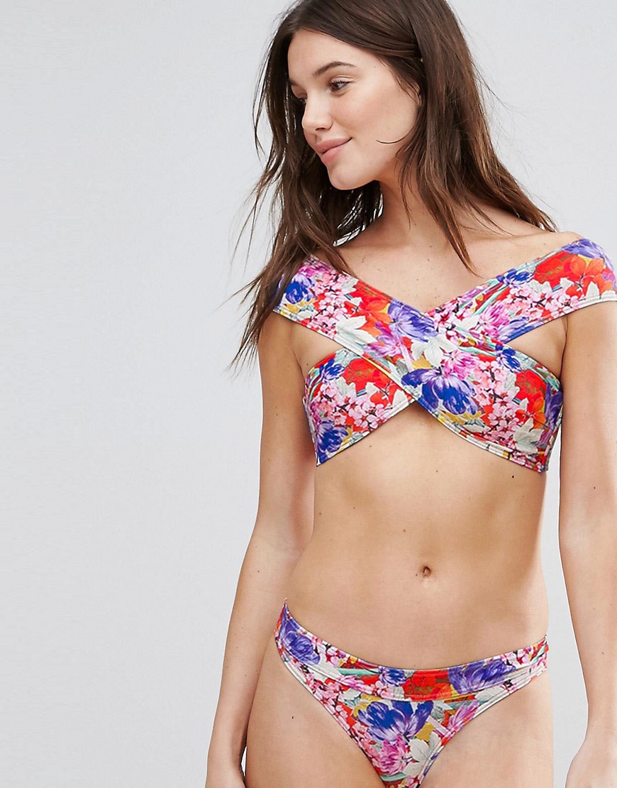 Lost Ink Floral Cross Shoulder Bikini Top-Multi
