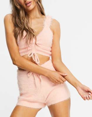Lost Ink Lost Ink fluffy drawcord cami top and short set in peach-Pink