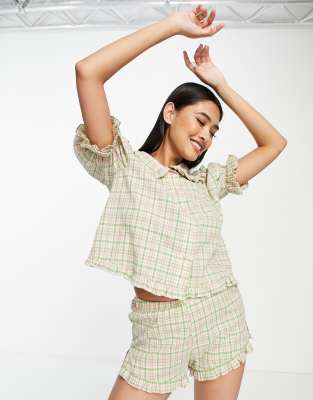 Lost Ink frilly collar button front top and short set in pink and green check print - ASOS Price Checker