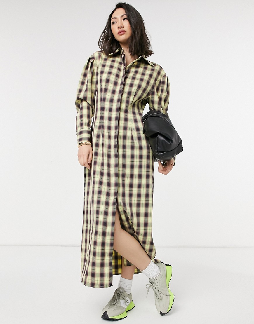 Lost Ink full maxi shirt dress in vintage check-Yellow