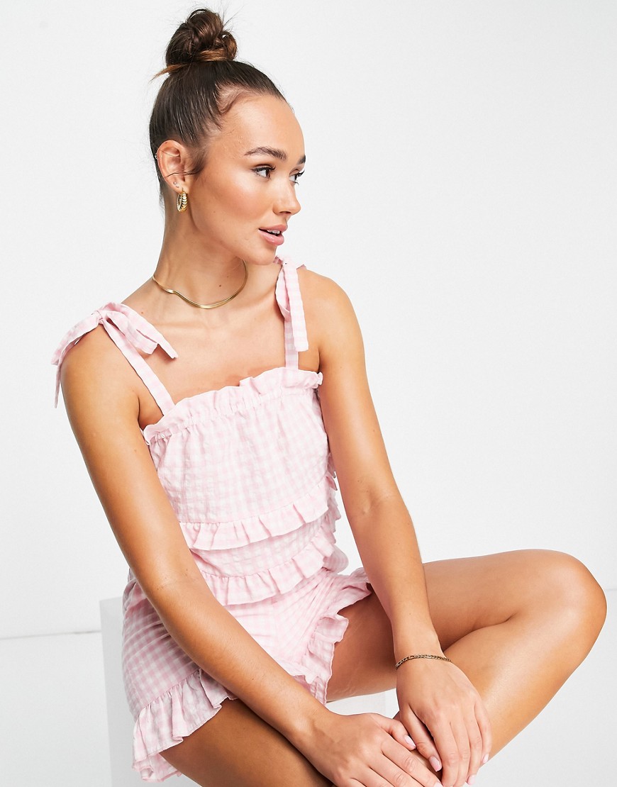 Lost Ink gingham frill edge cami co-ord in pink