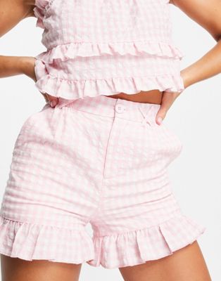 Lost Ink gingham scallop edge short co-ord in pink