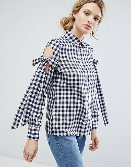 Lost Ink Gingham Shirt With Tie Up Bow Cold Shoulders
