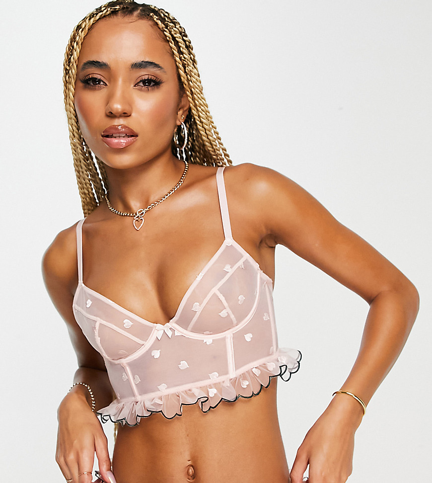 Lost Ink heart embroidered mesh plunge corset top with frill trim in pink