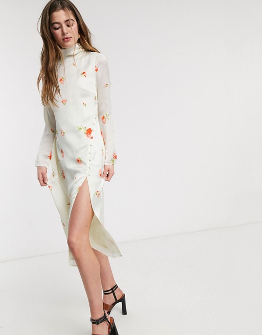 Lost Ink high neck column midi dress with buttons in delicate rose print
