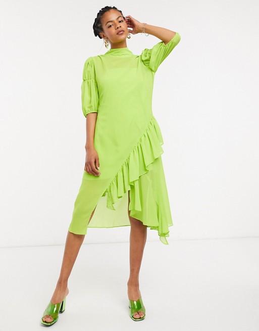 Lost Ink high neck midi smock dress with ruffle in sheer