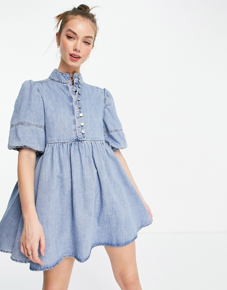 Lost Ink high neck smock dress with balloon sleeves in light wash denim-Blues