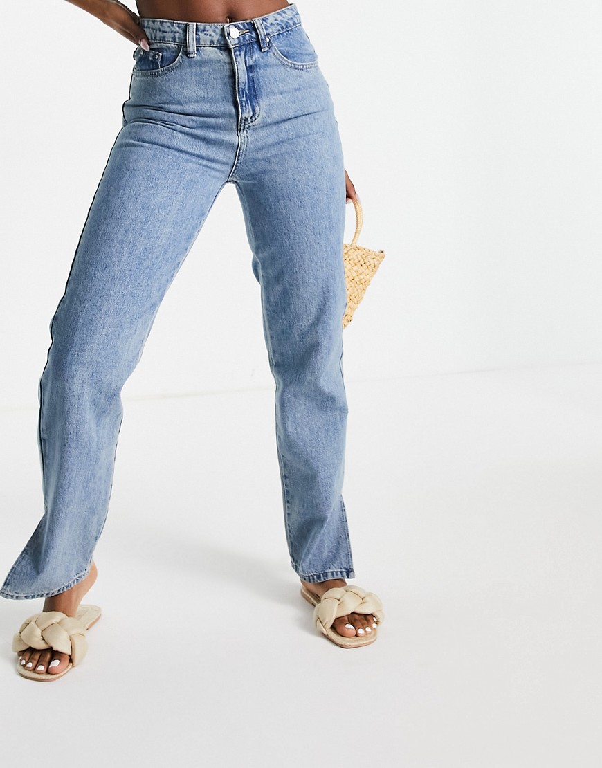 Lost Ink high waist jeans with slit hem in vintage wash-Blues