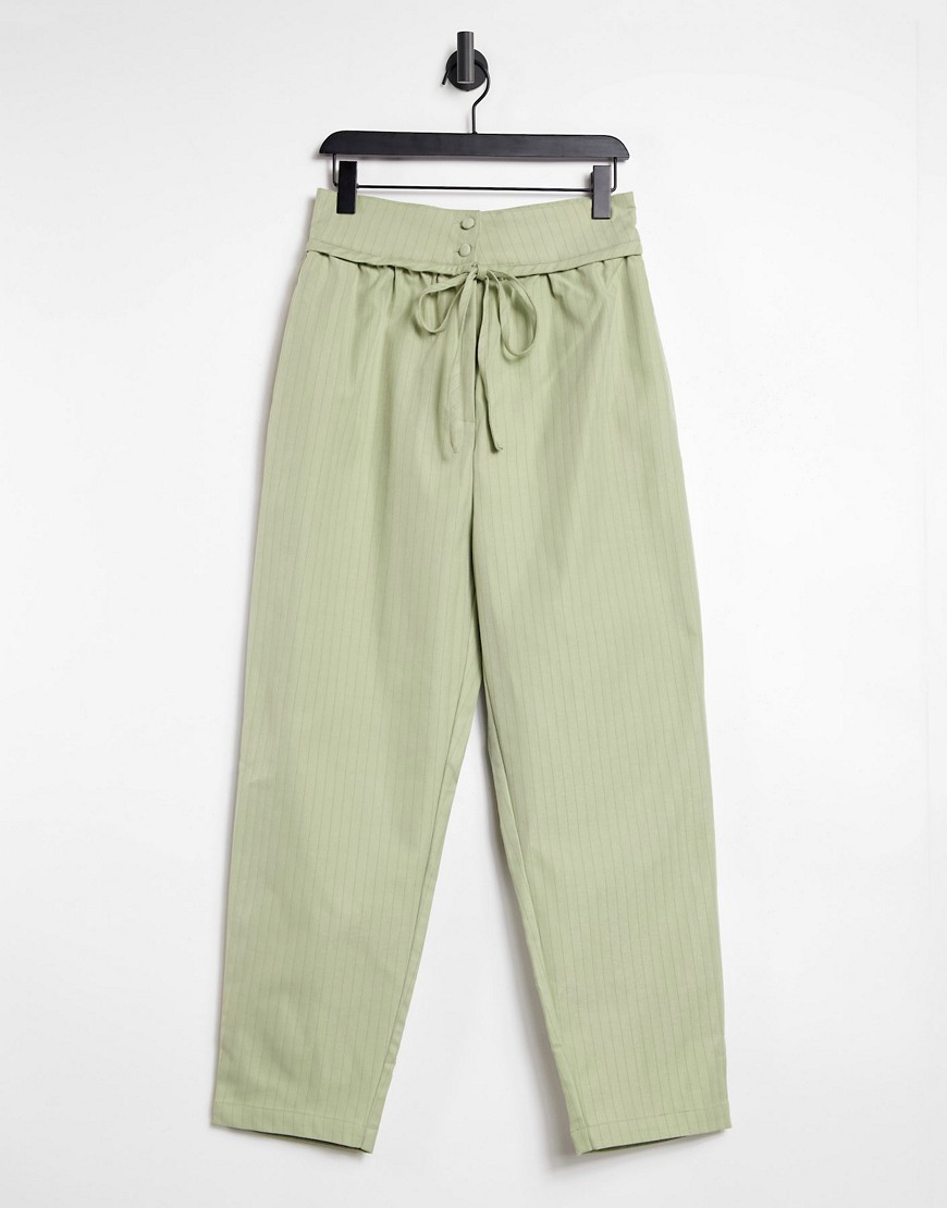 Lost Ink high waist pants with tie waist detail in sage pinstripe-Green