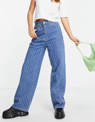 Lost Ink high waisted straight leg jeans in diamond texture