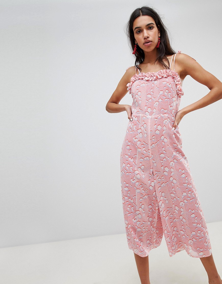 Lost Ink Jumpsuit With Frill Hem In Pastel Print-Multi
