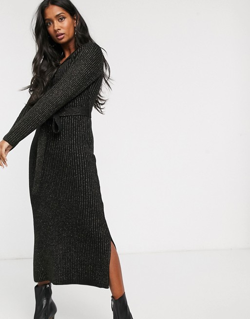 Lost Ink knitted maxi dress with button front in glitter rib