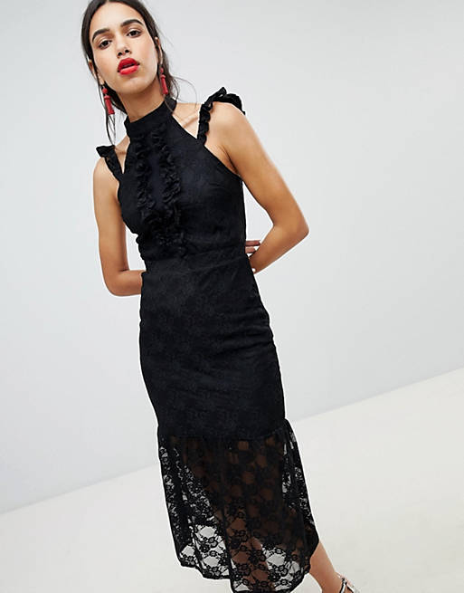 Lost Ink Lace Midi Dress In Bodycon With Frill Placket
