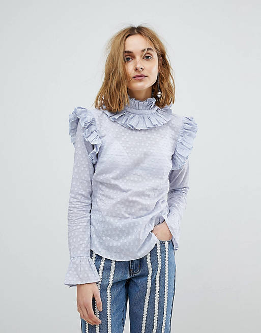 Lost Ink Long Sleeve Top With Pleated High Neck And Trims