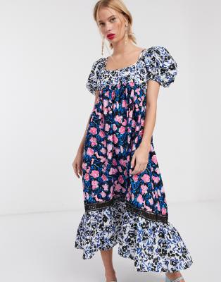 Lost Ink maxi dress with peplum hem and volume sleeves in mixed floral