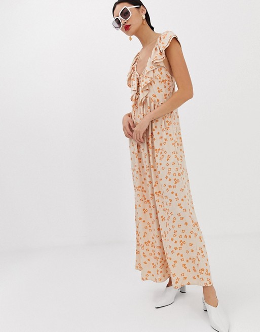 Lost Ink maxi dress with ruffle collar and volume skirt