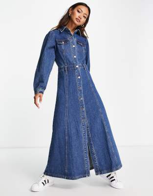 lost ink denim dress Maxi Trucker In Washed Indigo Denim-blues Color:Royal Blue Ivory navy blue lace bodycon jewelry Bardot dress 33% Polyester