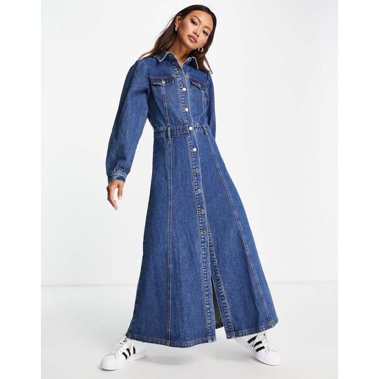 Lost Ink maxi trucker dress in washed indigo denim