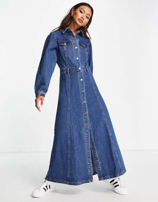 Lost Ink maxi trucker dress in washed indigo denim