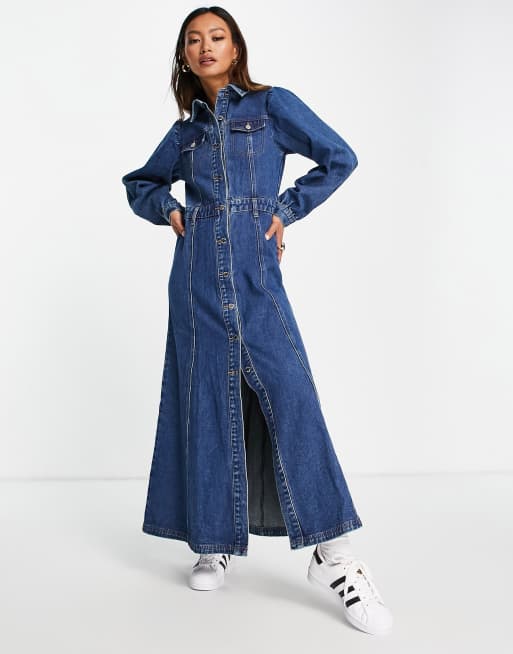 Lost Ink maxi trucker dress in washed indigo denim