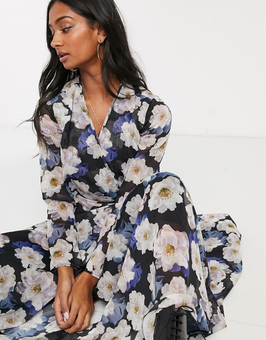 Lost Ink Maxi Wrap Dress With Cut Out Detail In Oversized Floral Print-multi