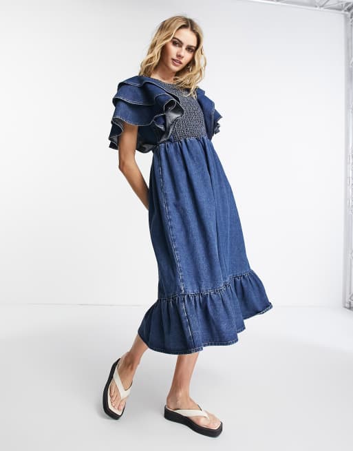 Lost Ink – Midaxi-Denimkleid in verwaschenem Mittelblau mit gerafftem Detail