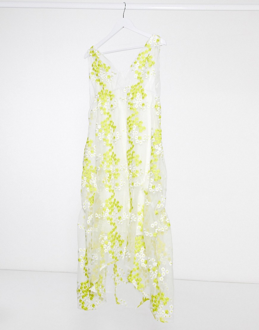 Lost Ink midaxi dress with frill hem in floral embroidered organza-Yellow