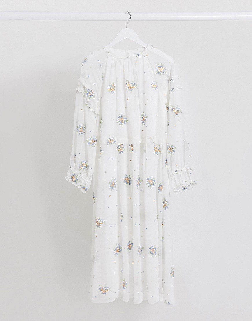 Lost Ink midaxi dress with ruffle sleeve detail and floral embroidery-White