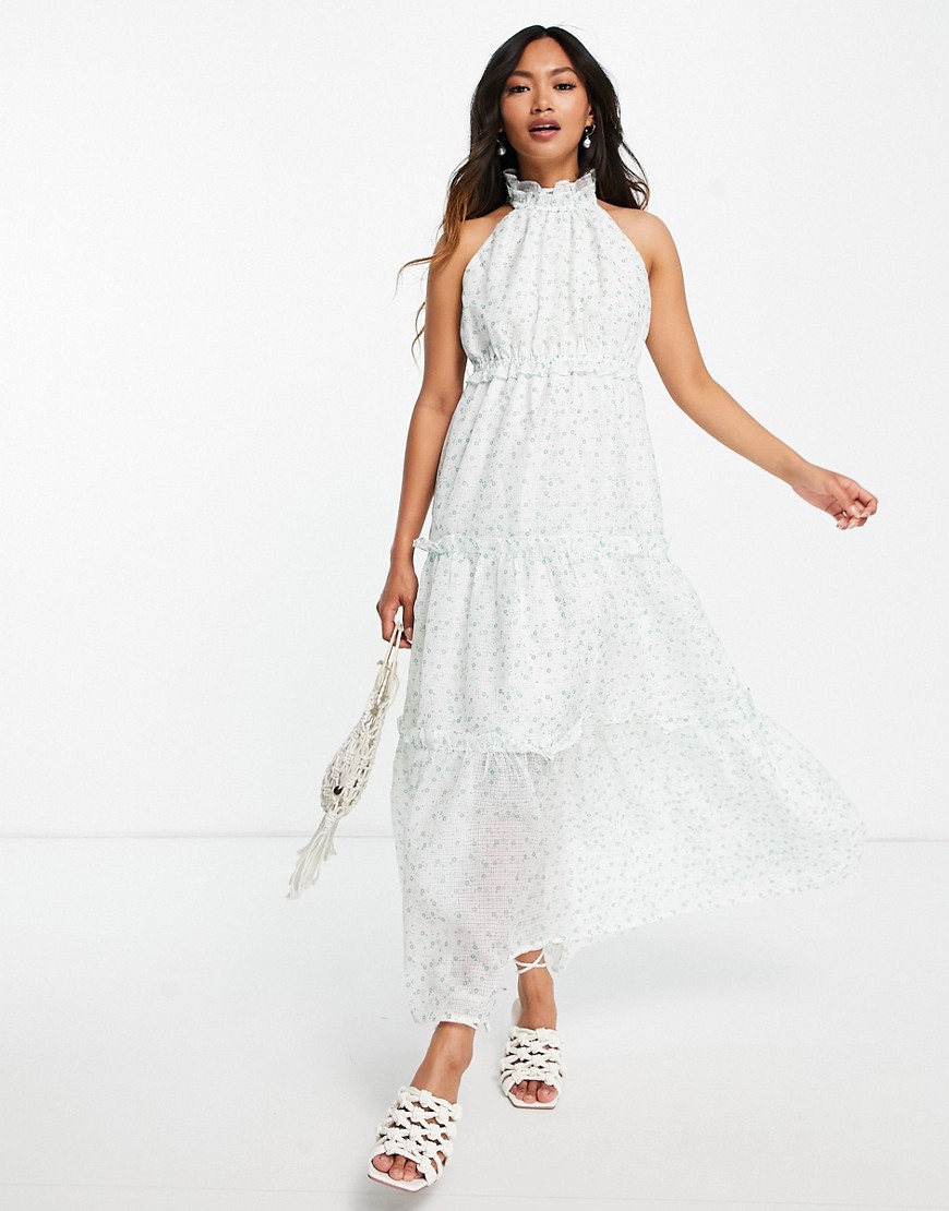 Lost Ink midaxi halterneck dress with tiered skirt in ditsy floral-White