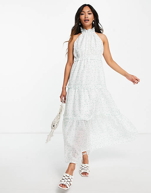 Lost Ink midaxi halterneck dress with tiered skirt in ditsy floral