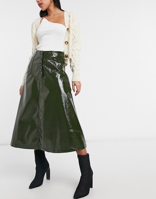 Lost Ink midi circle skirt with button front in olive faux leather