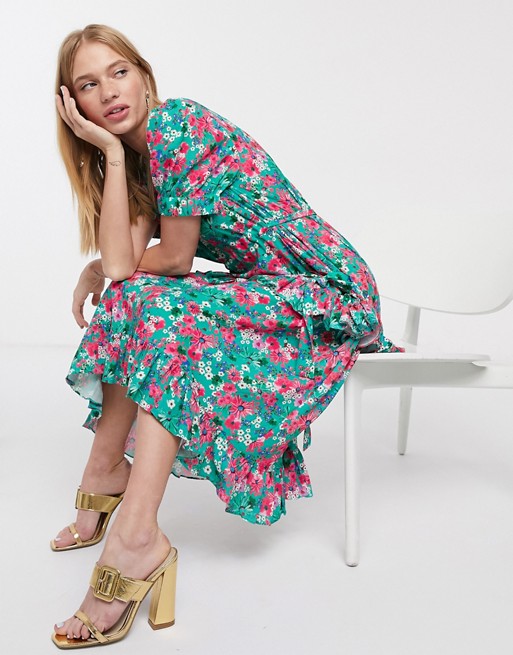 Lost Ink midi dress with drawstring detail and frill skirt in bright floral
