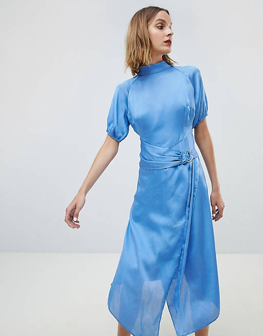 Lost Ink Midi Dress With High Neck And Ring Belt In Satin