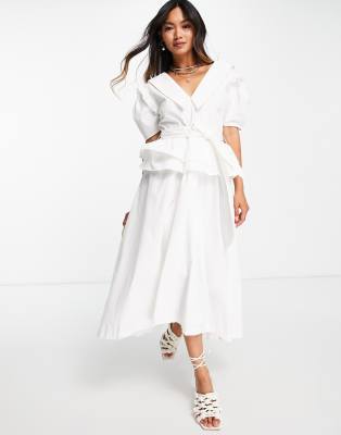 Lost Ink midi dress with vintage collar and full skirt in poplin-White