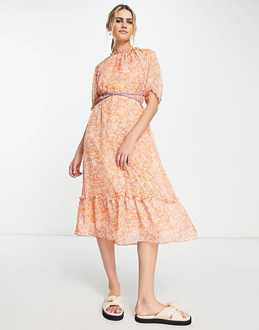 Lost Ink - Midi-jurk met strikje en bloemenprint in oranje