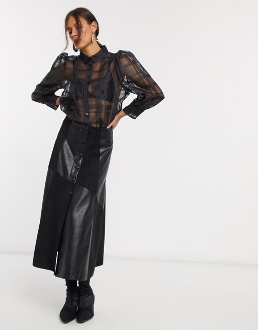 Lost Ink midi skirt with button front in patchwork faux leather
