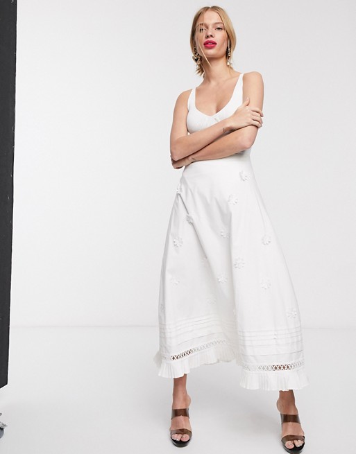 Lost Ink midi skirt with pleated hem and floral applique in cotton